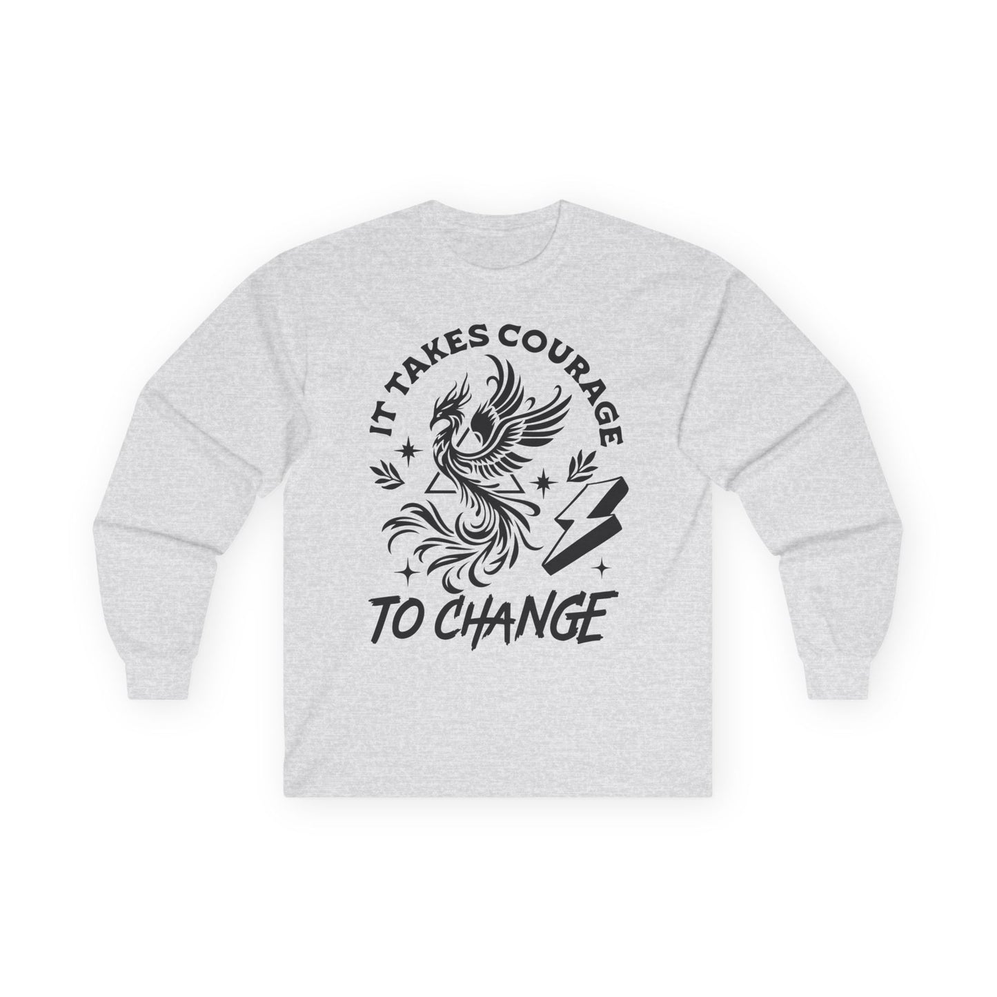 Long Sleeve Tee — "It Takes Courage to Change" Phoenix Graphic