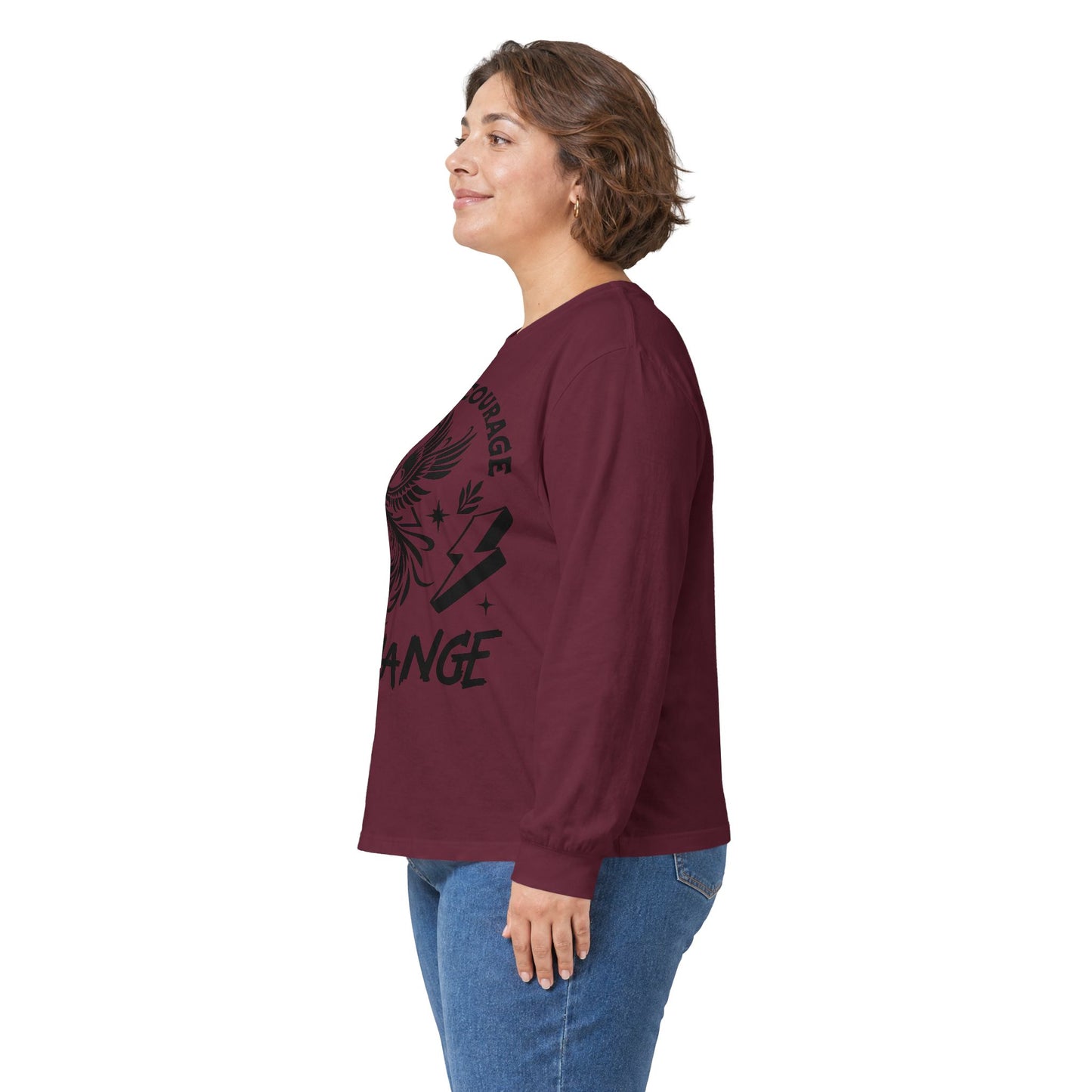 Long Sleeve Tee — "It Takes Courage to Change" Phoenix Graphic