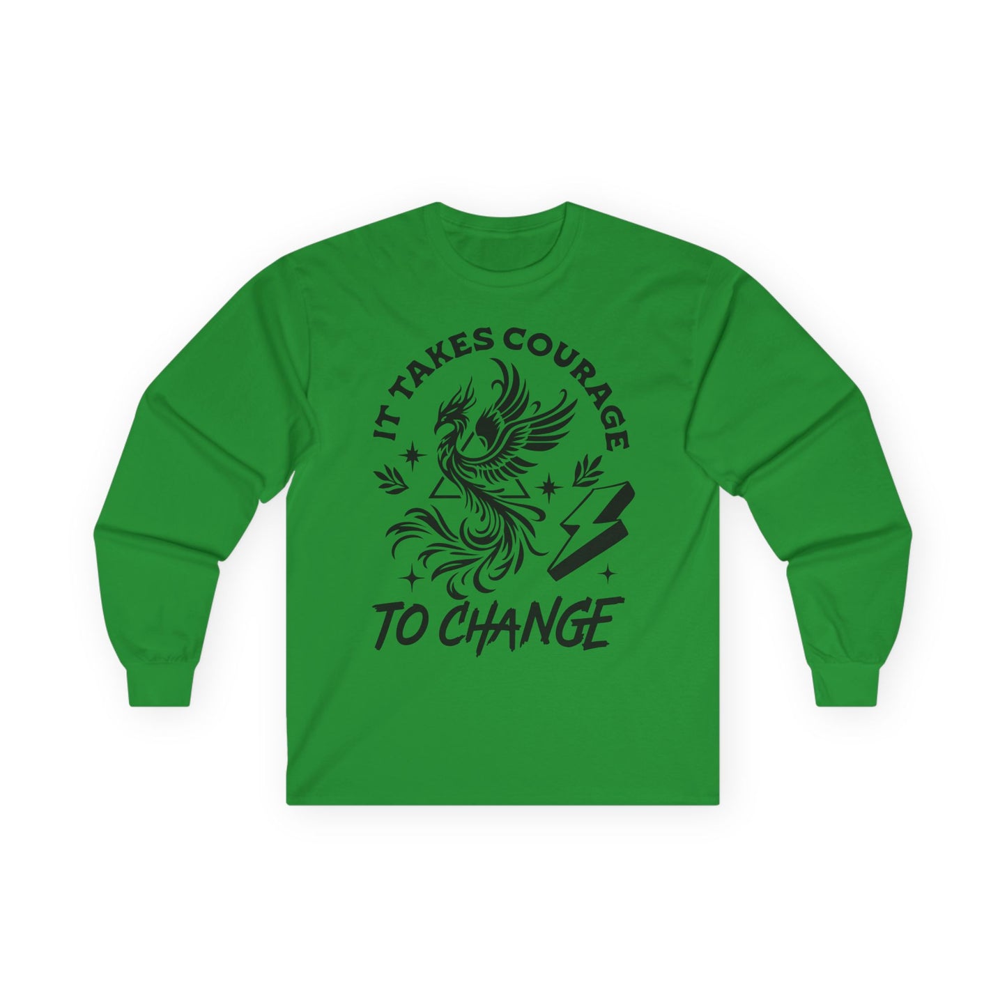 Long Sleeve Tee — "It Takes Courage to Change" Phoenix Graphic