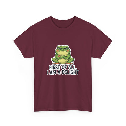 Funny Frog T-Shirt — "First of All, I Am a Delight" Cute Grumpy Frog Graphic Tee