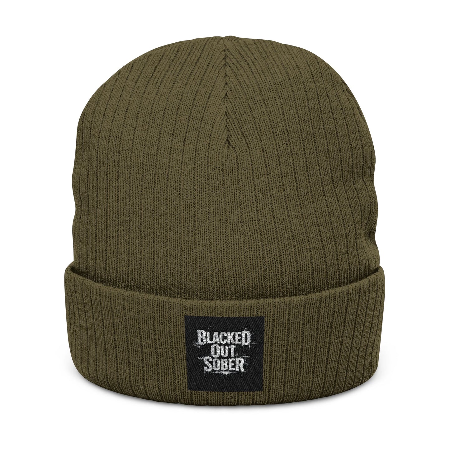 Ribbed Knit Beanie — Embroidered “Blacked Out, Sober” Patch