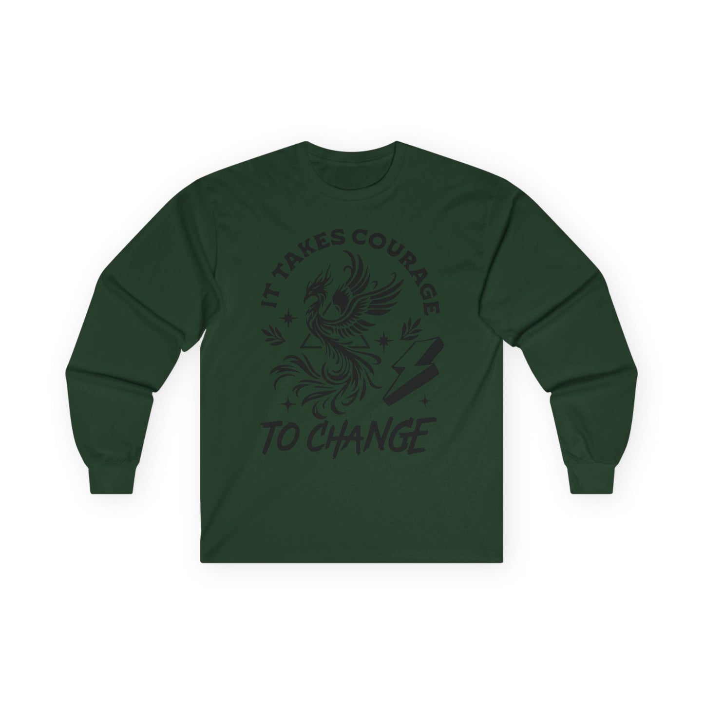 Long Sleeve Tee — "It Takes Courage to Change" Phoenix Graphic