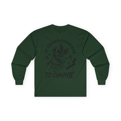 Long Sleeve Tee — "It Takes Courage to Change" Phoenix Graphic