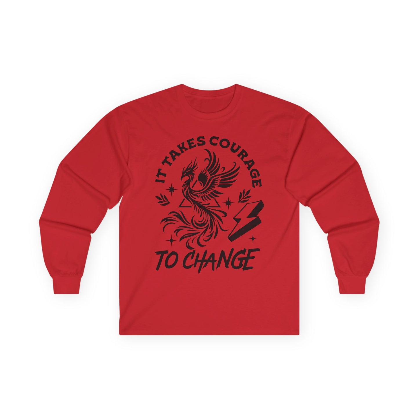 Long Sleeve Tee — "It Takes Courage to Change" Phoenix Graphic