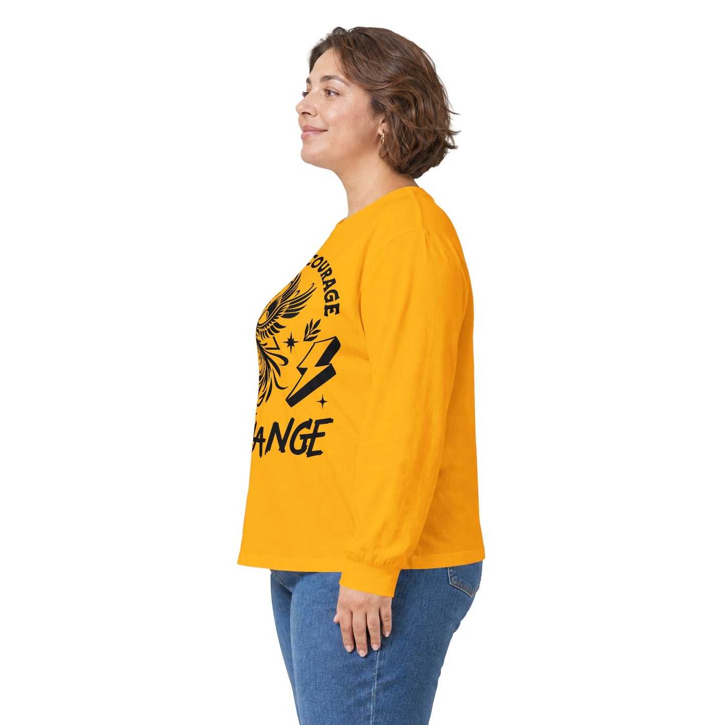 Long Sleeve Tee — "It Takes Courage to Change" Phoenix Graphic