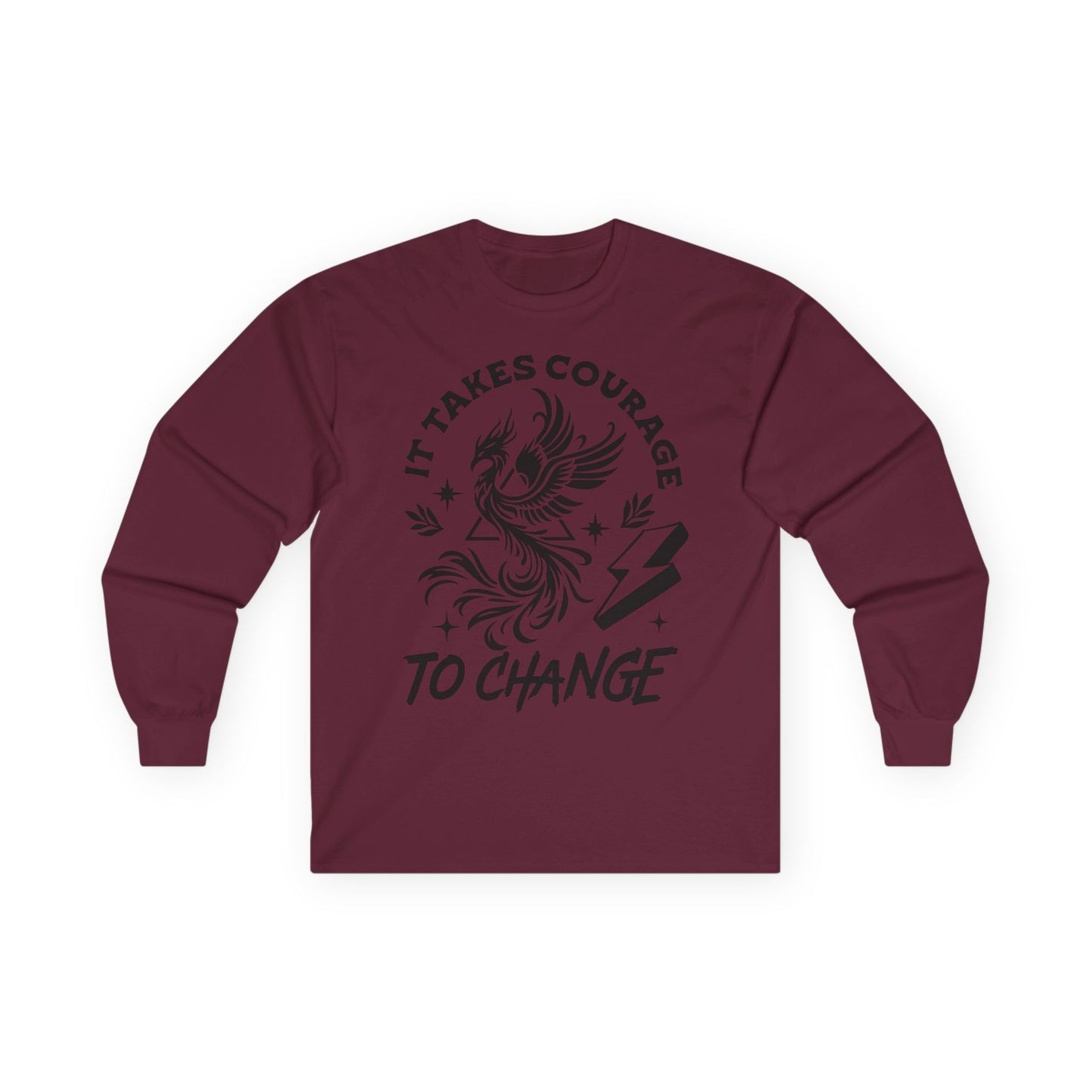 Long Sleeve Tee — "It Takes Courage to Change" Phoenix Graphic