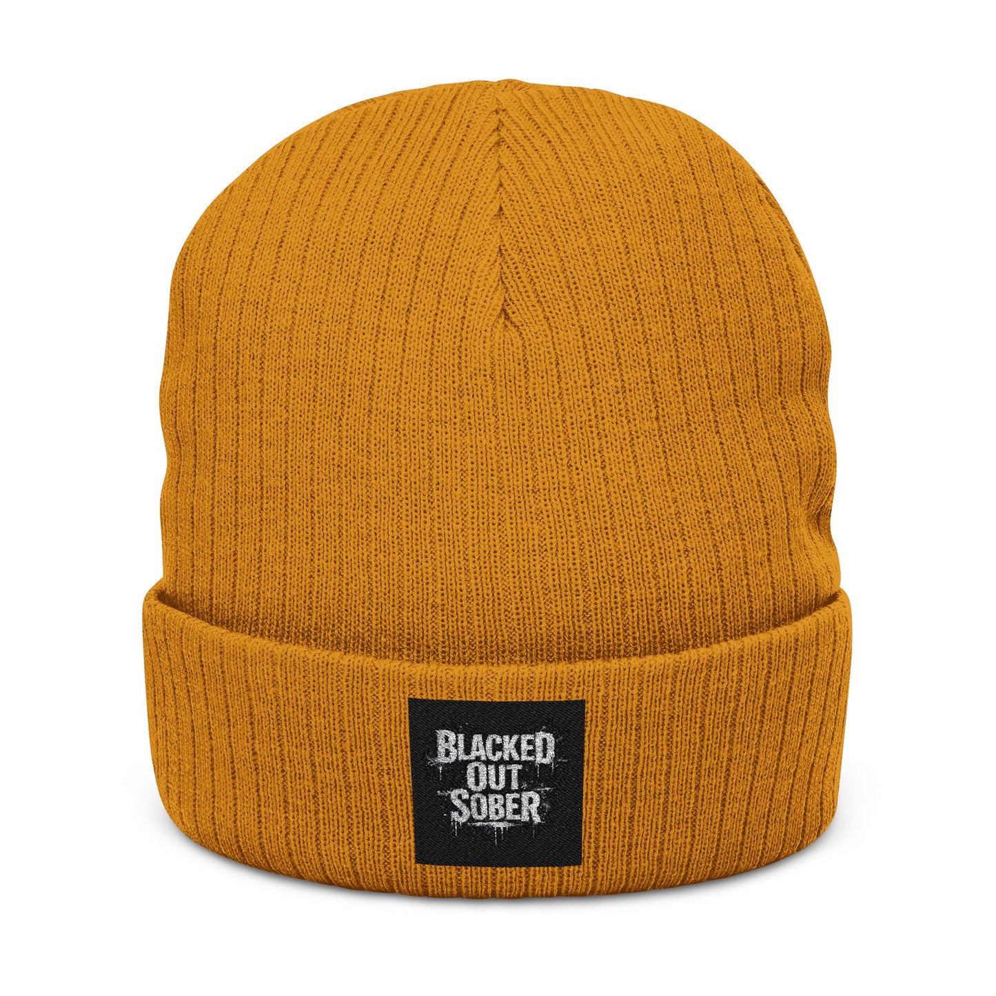 Ribbed Knit Beanie — Embroidered “Blacked Out, Sober” Patch