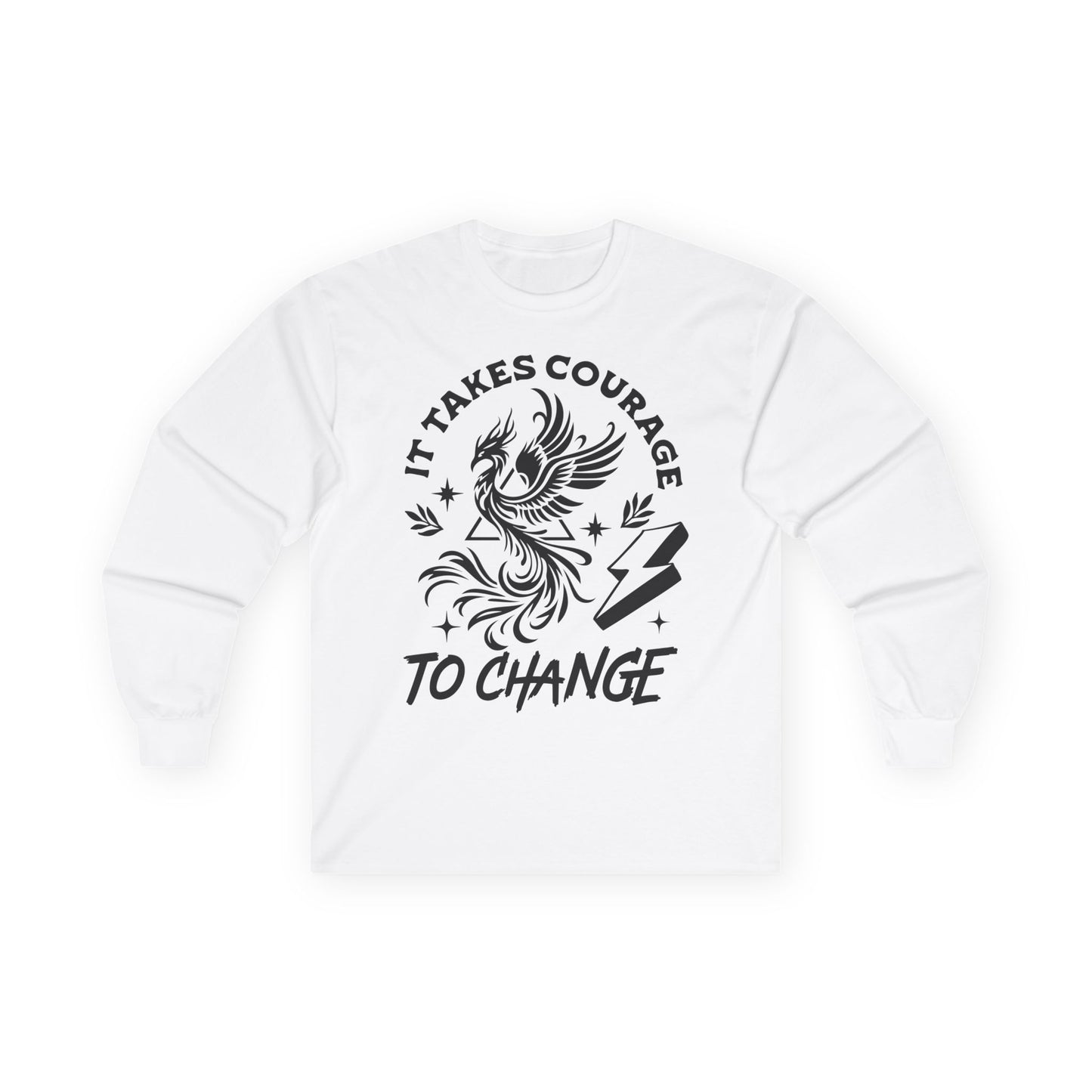 Long Sleeve Tee — "It Takes Courage to Change" Phoenix Graphic