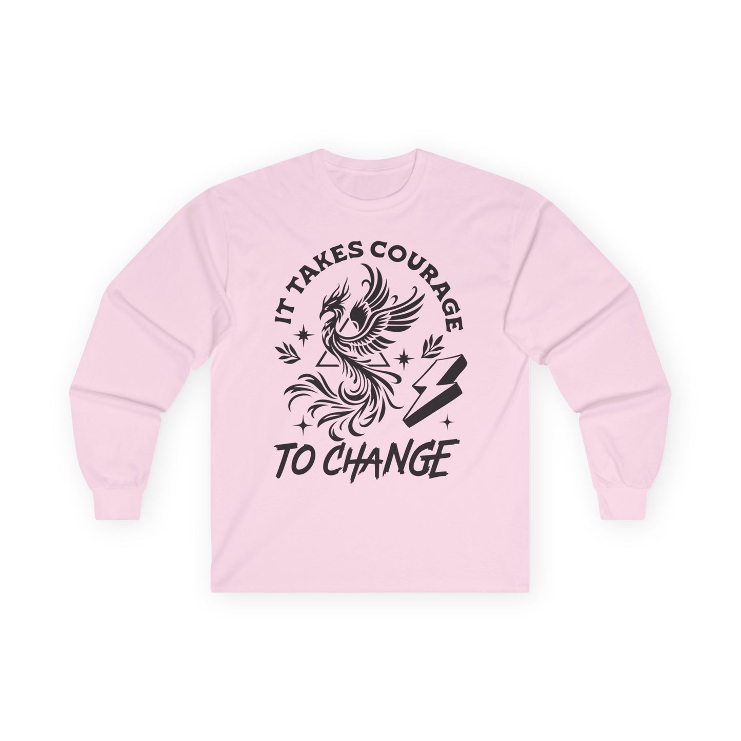 Long Sleeve Tee — "It Takes Courage to Change" Phoenix Graphic