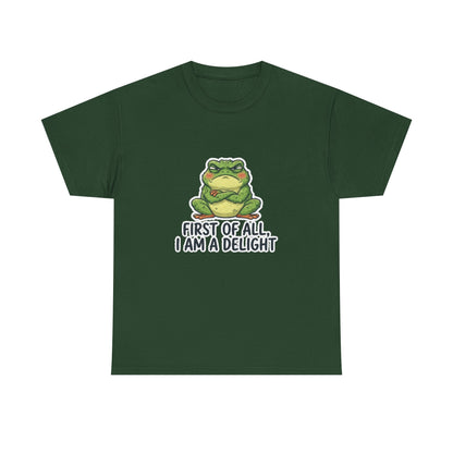 Funny Frog T-Shirt — "First of All, I Am a Delight" Cute Grumpy Frog Graphic Tee