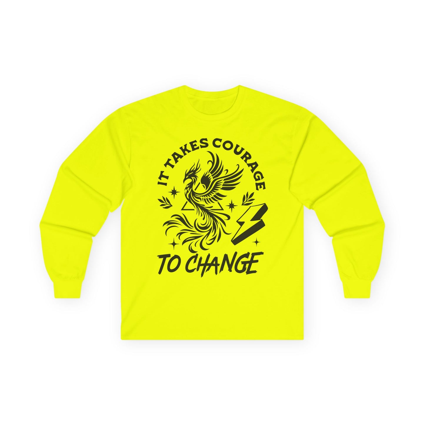 Long Sleeve Tee — "It Takes Courage to Change" Phoenix Graphic