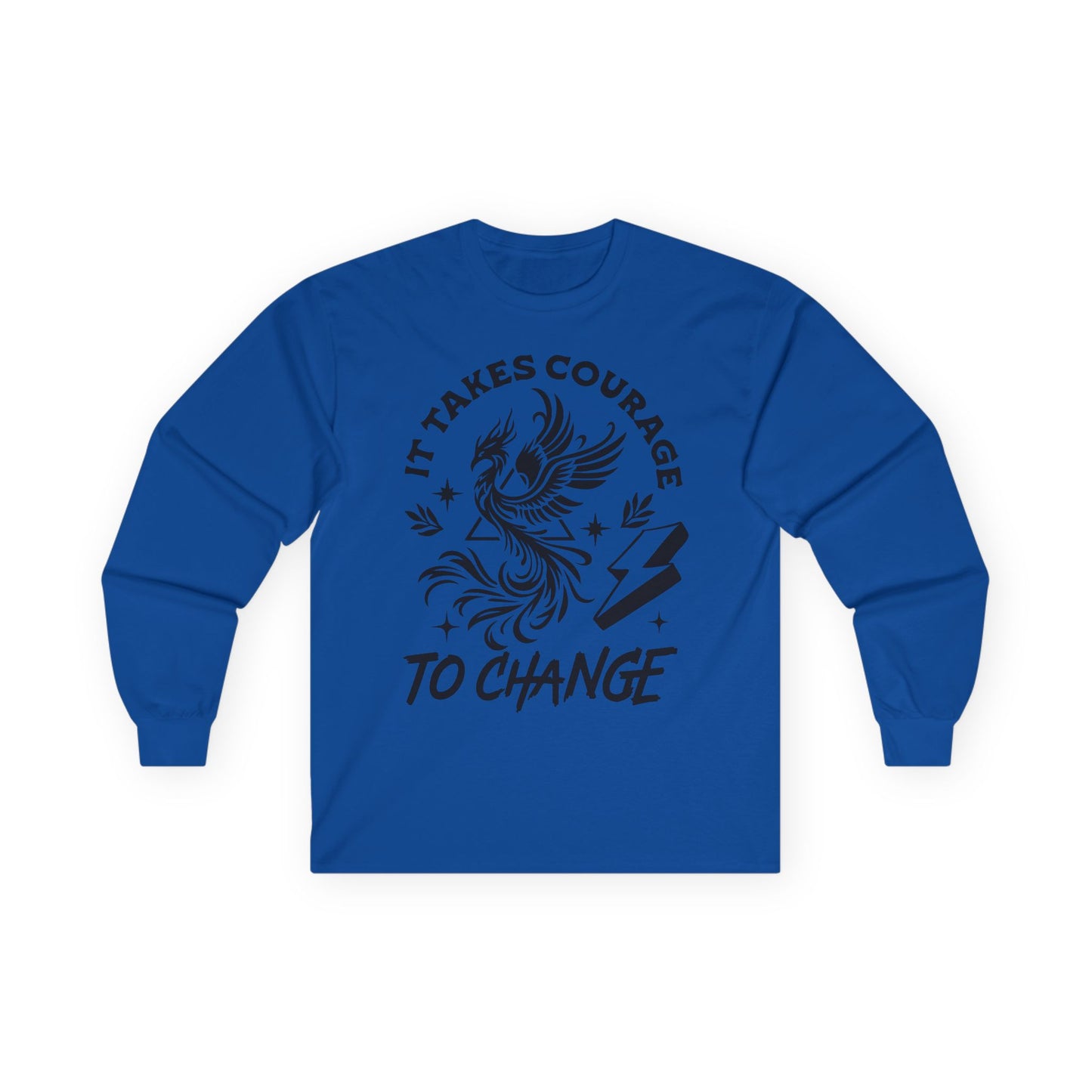 Long Sleeve Tee — "It Takes Courage to Change" Phoenix Graphic